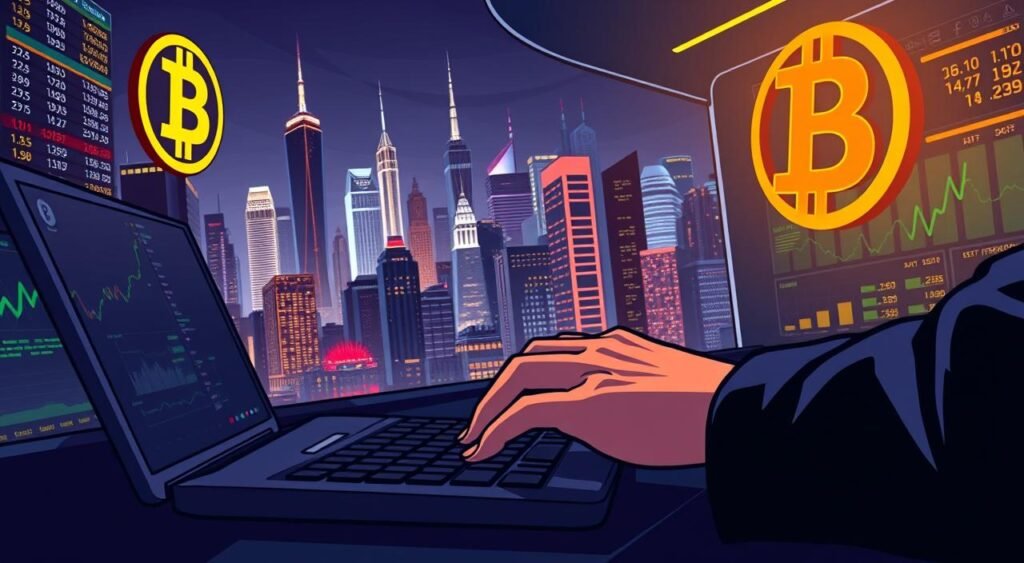 A bustling cryptocurrency exchange, its sleek modern interface showcasing the Bitcoin symbol prominently. The foreground features a person securely accessing their digital wallet, hands poised over a keyboard against a backdrop of glowing transaction data. The middle ground depicts various financial charts and graphs, visualizing the ebb and flow of the cryptocurrency market. In the background, a cityscape of towering skyscrapers and glowing neon lights evokes the dynamic, fast-paced world of digital finance. Soft, directional lighting casts dramatic shadows, creating a sense of depth and drama. The overall mood is one of technological sophistication, financial empowerment, and the transformative potential of Bitcoin.