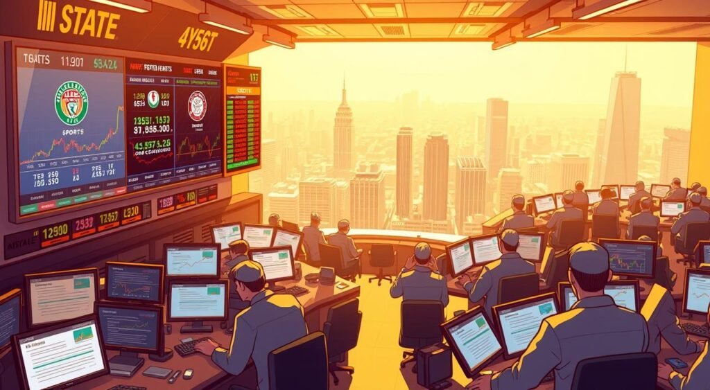 A bustling trading floor bathed in warm, golden light, with traders intently studying digital displays showcasing the latest stock market trends. In the foreground, a large screen prominently displays the logos and performance metrics of major sporting events, subtly highlighting their impact on financial investments. The middle ground features a panoramic view of the cityscape, reflecting the interconnectedness of the worlds of sports and finance. The background is a hazy, out-of-focus skyline, conveying a sense of the far-reaching implications of sports-related investments. The overall atmosphere is one of focused intensity, with a touch of excitement, capturing the dynamic relationship between the world of sports and the world of finance.