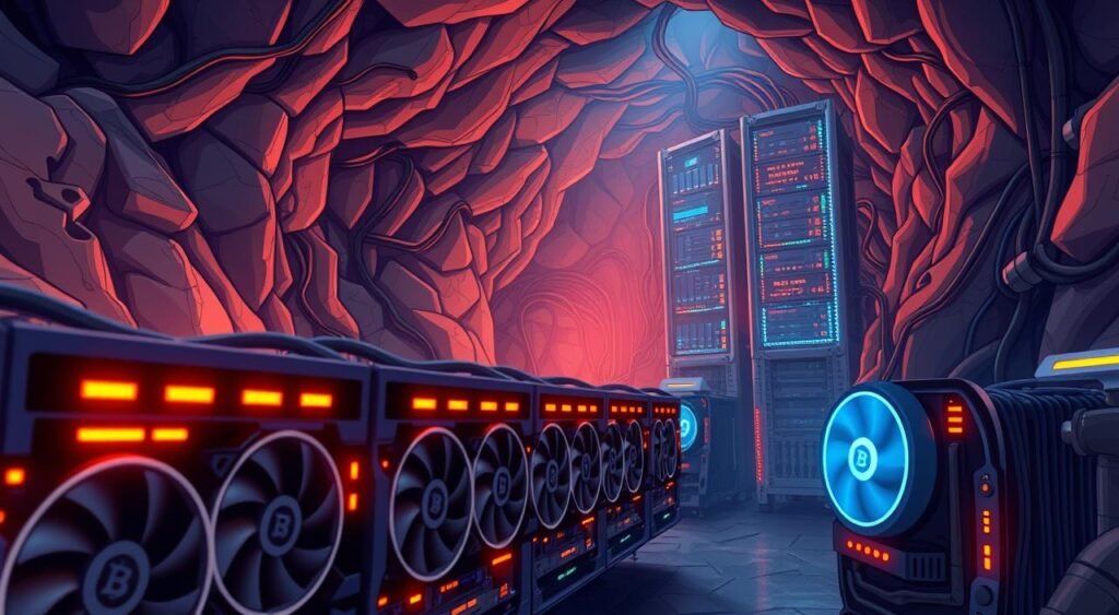 A bustling underground mine, lit by the warm glow of mining rigs, where the air crackles with the hum of computational power. In the foreground, a row of high-performance GPUs whir to life, their cooling fans spinning rapidly as they solve complex mathematical puzzles. The middle ground reveals a network of cables and cooling systems, all working in harmony to maintain the optimal operating temperature. In the background, a towering server rack stands tall, its blinking lights and displays offering a glimpse into the data-driven world of Bitcoin mining. The scene conveys a sense of industrial energy and the relentless pursuit of digital wealth, captured in a realistic, cinematic style.