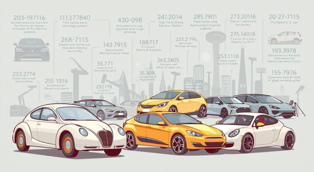 A detailed illustration of the evolution of electric vehicles, showcasing key milestones and innovations throughout history. In the foreground, vintage electric cars from the early 20th century, sleek and futuristic, contrasted with modern electric vehicles in the middle ground, powered by cutting-edge battery technology. In the background, a montage of important dates and breakthroughs, such as the first electric car patents, the rise of hybrid models, and the recent surge in global adoption of EVs. Rendered in a realistic, technical style with a muted color palette, conveying the steady progress and growing momentum of this sustainable transportation revolution. A detailed illustration of the evolution of electric vehicles, showcasing key milestones and innovations throughout history. In the foreground, vintage electric cars from the early 20th century, sleek and futuristic, contrasted with modern electric vehicles in the middle ground, powered by cutting-edge battery technology. In the background, a montage of important dates and breakthroughs, such as the first electric car patents, the rise of hybrid models, and the recent surge in global adoption of EVs. Rendered in a realistic, technical style with a muted color palette, conveying the steady progress and growing momentum of this sustainable transportation revolution.
