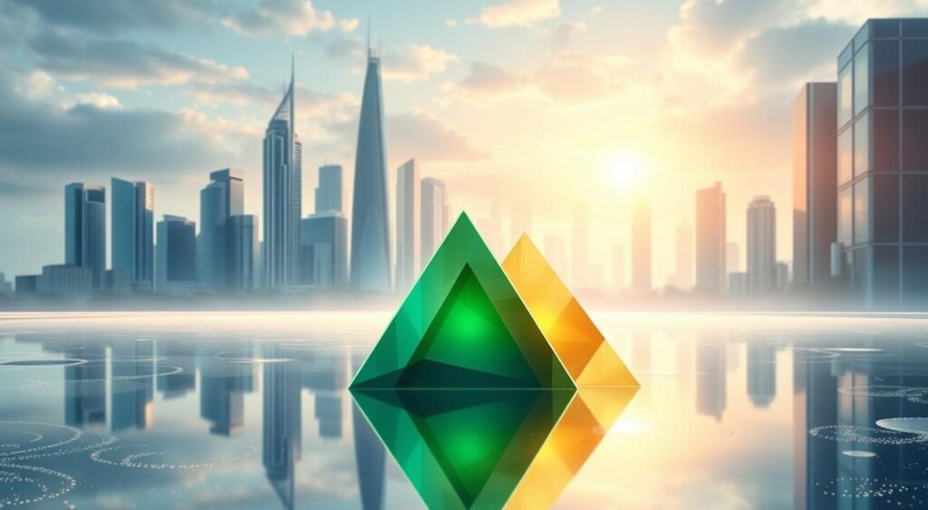 A digital transformation landscape featuring a futuristic financial city skyline, with skyscrapers and modern architecture reflected in a shimmering pool of water. In the foreground, a trio of abstract geometric shapes in shades of blue, green, and gold symbolize the integration of technology and investment. Soft, diffused lighting creates an ethereal, dreamlike atmosphere, conveying the sense of progress and innovation transforming the financial world. The scene exudes a sense of technological sophistication, progress, and the boundless potential of digital investment.