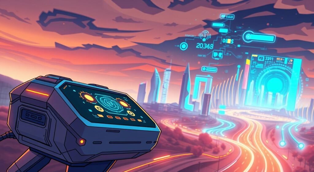 A futuristic landscape depicting the "Internet of Things" technology. In the foreground, a sleek, high-tech device with glowing interfaces and sensor arrays. In the middle ground, a cityscape of intelligent buildings, autonomous vehicles, and interconnected infrastructure. The background features a vibrant, holographic display showcasing data visualizations and real-time information streams. Warm, diffused lighting casts a futuristic glow, while a dynamic camera angle emphasizes the scale and complexity of this innovative, interconnected world. The overall atmosphere conveys a sense of progress, efficiency, and the seamless integration of technology into everyday life.