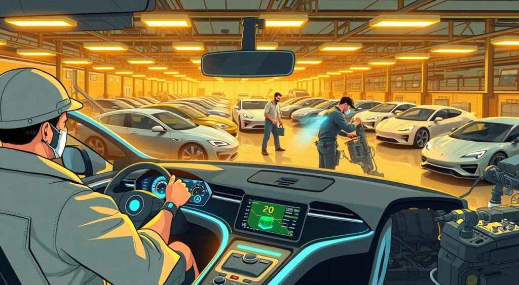 A high-tech automotive workshop with sleek electric vehicles, showcasing the latest advancements in electric mobility. In the foreground, an engineer examines the interior of a futuristic electric car, its dashboard glowing with innovative digital displays. In the middle ground, technicians work on the motors and batteries of various models, their tools and workstations reflecting the precision and complexity of electric vehicle technology. The background is filled with a combination of classic and cutting-edge electric cars, illuminated by the warm glow of overhead lighting, creating an atmosphere of innovation and progress. The scene conveys a sense of excitement and anticipation for the future of sustainable transportation. A high-tech automotive workshop with sleek electric vehicles, showcasing the latest advancements in electric mobility. In the foreground, an engineer examines the interior of a futuristic electric car, its dashboard glowing with innovative digital displays. In the middle ground, technicians work on the motors and batteries of various models, their tools and workstations reflecting the precision and complexity of electric vehicle technology. The background is filled with a combination of classic and cutting-edge electric cars, illuminated by the warm glow of overhead lighting, creating an atmosphere of innovation and progress. The scene conveys a sense of excitement and anticipation for the future of sustainable transportation.