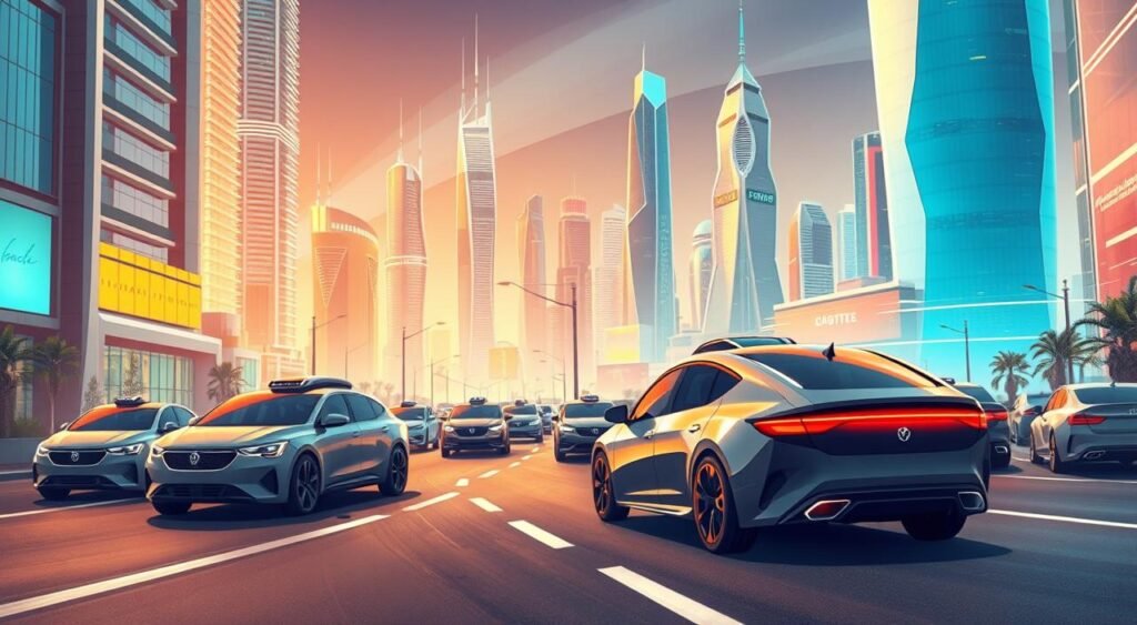 A high-tech cityscape of the future, with sleek autonomous vehicles navigating the bustling streets. In the foreground, a fleet of self-driving cars, their smooth, aerodynamic forms gliding effortlessly through the urban landscape. In the middle ground, towering skyscrapers and futuristic architecture, adorned with gleaming glass and metallic accents. The background is bathed in a warm, futuristic glow, as advanced infrastructure and smart city technology integrate seamlessly. The scene conveys a sense of innovation, efficiency, and the boundless potential of autonomous mobility to transform the way we experience transportation.
