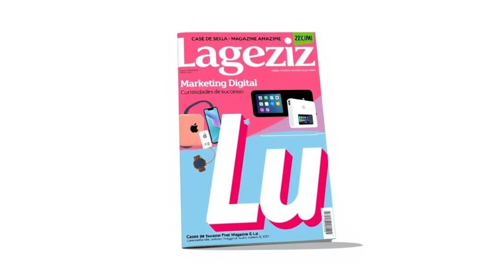 A professional, high-quality digital magazine cover showcasing the "Magazine Luiza" brand. The cover features a striking, minimalist design with a vibrant, eye-catching color palette. In the foreground, a stylized "Lu" logo prominently displayed, conveying the brand's modern and innovative identity. The middle ground showcases product imagery, such as digital devices or lifestyle items, reflecting the magazine's focus on technology and e-commerce. The background features a clean, geometric pattern or abstract design element, adding depth and visual interest to the composition. The overall mood is sleek, sophisticated, and visually impactful, capturing the essence of "Marketing Digital: Curiosidades de sucesso" and the "Cases de Sucesso: Magazine Luiza e Lu" section.