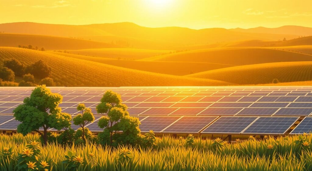 A serene solar panel field nestled amidst a lush, verdant landscape, bathed in warm, golden sunlight. In the foreground, a group of flourishing trees and plants symbolize the harmony between renewable energy and a thriving, sustainable environment. The middle ground features a series of sleek, efficient solar panels, their shimmering surfaces reflecting the sky above. In the background, rolling hills and a cloudless horizon suggest a future of clean, renewable power that coexists peacefully with the natural world. The scene conveys a sense of balance, progress, and a commitment to a greener, more sustainable future. A serene solar panel field nestled amidst a lush, verdant landscape, bathed in warm, golden sunlight. In the foreground, a group of flourishing trees and plants symbolize the harmony between renewable energy and a thriving, sustainable environment. The middle ground features a series of sleek, efficient solar panels, their shimmering surfaces reflecting the sky above. In the background, rolling hills and a cloudless horizon suggest a future of clean, renewable power that coexists peacefully with the natural world. The scene conveys a sense of balance, progress, and a commitment to a greener, more sustainable future.