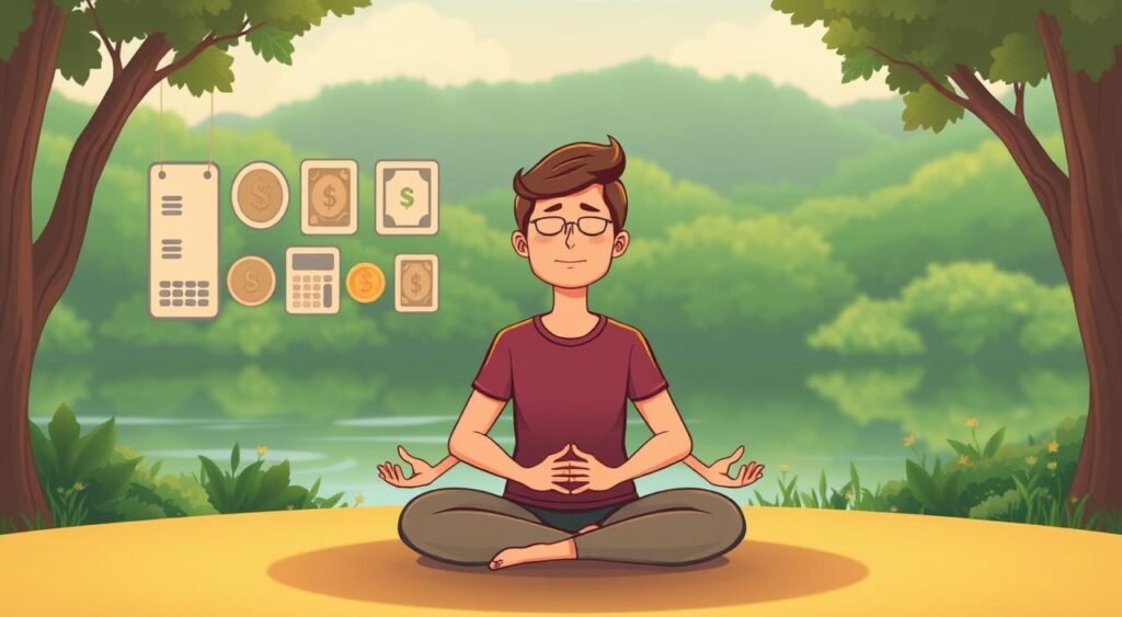 A serene, tranquil scene depicting the harmony between mental well-being and financial stability. In the foreground, a person meditating peacefully, their expression radiating inner calm. The middle ground showcases various financial symbols - coins, bills, and a calculator - all in a neat, organized manner, symbolizing financial order and control. The background features a lush, verdant landscape with a calming river or lake, reflecting the soothing, natural environment. The overall atmosphere is one of balance, contentment, and the understanding that mental health and financial health go hand-in-hand. Soft, warm lighting illuminates the scene, creating a sense of comfort and well-being.