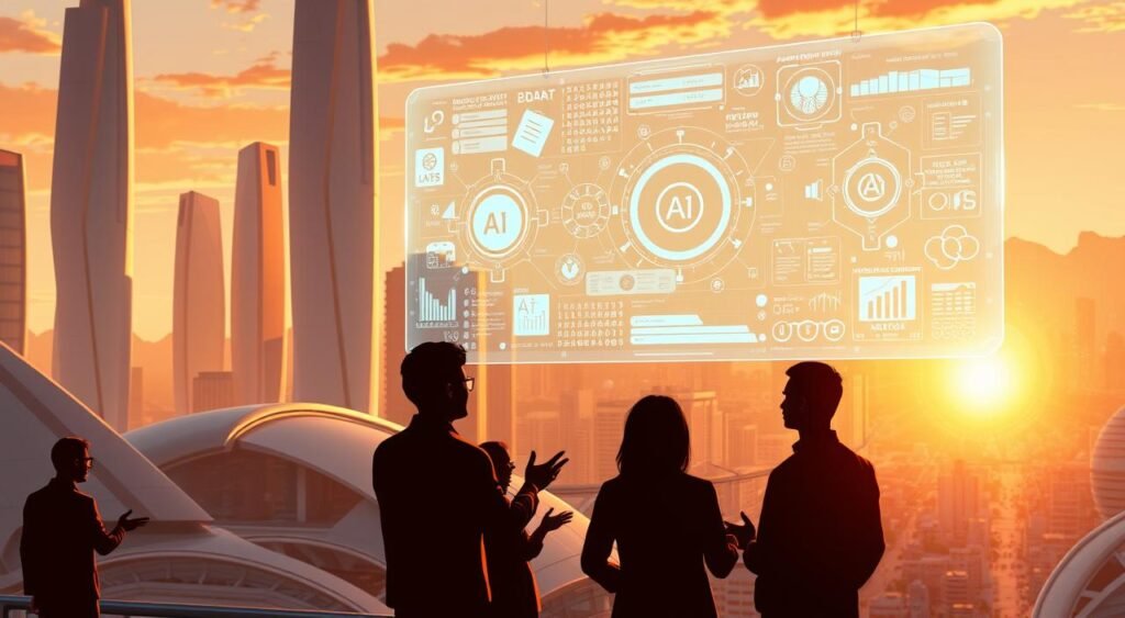 A sleek, futuristic cityscape with towering skyscrapers and advanced infrastructure, bathed in a warm, golden glow of the setting sun. In the foreground, a large, holographic display hovers, showcasing intricate diagrams and data visualizations related to AI regulations and legal frameworks. Holographic icons and interfaces flicker and dance, conveying the complexities of governing this emerging technology. In the middle ground, silhouettes of people engage in discussions, gesturing towards the display, highlighting the societal impact of these policies. The background features a bustling metropolis, its streets and buildings reflecting the warm light, suggesting a vibrant, technologically-advanced future for Brazil. A sleek, futuristic cityscape with towering skyscrapers and advanced infrastructure, bathed in a warm, golden glow of the setting sun. In the foreground, a large, holographic display hovers, showcasing intricate diagrams and data visualizations related to AI regulations and legal frameworks. Holographic icons and interfaces flicker and dance, conveying the complexities of governing this emerging technology. In the middle ground, silhouettes of people engage in discussions, gesturing towards the display, highlighting the societal impact of these policies. The background features a bustling metropolis, its streets and buildings reflecting the warm light, suggesting a vibrant, technologically-advanced future for Brazil.