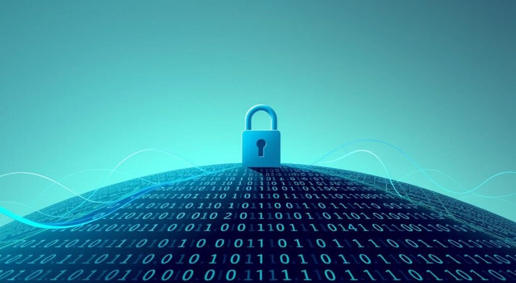 A sleek, modern data security interface for artificial intelligence, featuring a secure lock icon, binary code patterns, and a minimalist, futuristic aesthetic. The foreground showcases a central lock symbol, surrounded by flowing lines of code in muted blues and greens. The middle ground depicts a grid of 0s and 1s, hinting at the complex computational processes underlying AI systems. The background is a subtle gradient, evocative of the technological landscape in which these security measures are implemented. Soft, indirect lighting casts a contemplative, serious tone, underscoring the importance of data protection in the age of AI. A sleek, modern data security interface for artificial intelligence, featuring a secure lock icon, binary code patterns, and a minimalist, futuristic aesthetic. The foreground showcases a central lock symbol, surrounded by flowing lines of code in muted blues and greens. The middle ground depicts a grid of 0s and 1s, hinting at the complex computational processes underlying AI systems. The background is a subtle gradient, evocative of the technological landscape in which these security measures are implemented. Soft, indirect lighting casts a contemplative, serious tone, underscoring the importance of data protection in the age of AI.