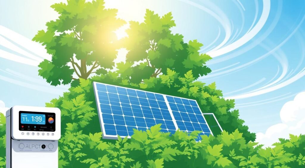 A solar panel installation nestled amidst lush greenery, its sleek, modern design capturing the sunlight's radiance. In the foreground, a digital monitoring display showcases real-time energy production data, its crisp, intuitive interface allowing for seamless tracking of the system's performance. The middle ground features a clean, minimalist aesthetic, with a subtle grid-like structure hinting at the efficient energy network at work. In the background, a clear blue sky dotted with wispy clouds creates a sense of calm and environmental harmony, underscoring the sustainable nature of this solar energy solution. A solar panel installation nestled amidst lush greenery, its sleek, modern design capturing the sunlight's radiance. In the foreground, a digital monitoring display showcases real-time energy production data, its crisp, intuitive interface allowing for seamless tracking of the system's performance. The middle ground features a clean, minimalist aesthetic, with a subtle grid-like structure hinting at the efficient energy network at work. In the background, a clear blue sky dotted with wispy clouds creates a sense of calm and environmental harmony, underscoring the sustainable nature of this solar energy solution.