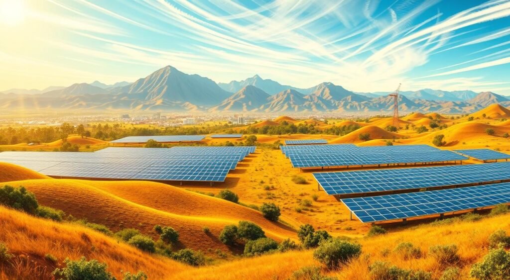 A vibrant and detailed panoramic vista of Brazil's expansive solar energy potential. In the foreground, a sun-drenched landscape with undulating hills and lush vegetation. The middle ground features large-scale solar farms, their sleek, modern panels gleaming in the warm sunlight. In the distance, towering mountains rise, their peaks bathed in a golden glow. The sky is a brilliant azure, with wispy clouds drifting overhead. The overall scene conveys a sense of Brazil's abundant natural resources and its promising future in renewable energy. Captured with a wide-angle lens to emphasize the grand scale, the image exudes a mood of optimism and environmental harmony. A vibrant and detailed panoramic vista of Brazil's expansive solar energy potential. In the foreground, a sun-drenched landscape with undulating hills and lush vegetation. The middle ground features large-scale solar farms, their sleek, modern panels gleaming in the warm sunlight. In the distance, towering mountains rise, their peaks bathed in a golden glow. The sky is a brilliant azure, with wispy clouds drifting overhead. The overall scene conveys a sense of Brazil's abundant natural resources and its promising future in renewable energy. Captured with a wide-angle lens to emphasize the grand scale, the image exudes a mood of optimism and environmental harmony.