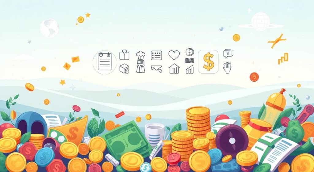 A vibrant and dynamic financial health illustration showcasing a variety of intriguing curiosities. In the foreground, a colorful array of coins, bills, and financial documents create a sense of abundance and opportunity. The middle ground features stylized icons representing different financial concepts like savings, investments, and budgeting, all arranged in a visually engaging composition. The background depicts a serene, minimalist landscape with soft lighting and a gentle color palette, evoking a sense of stability and well-being. The overall scene conveys a mood of discovery, enlightenment, and a deeper understanding of personal finance. Rendered in a modern, illustrated style with a focus on clean lines, vibrant colors, and striking visual metaphors.