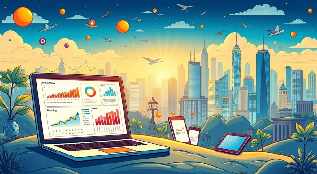A vibrant, dynamic digital marketing landscape with various elements of success. In the foreground, a laptop displays insightful analytics and metrics, reflecting the data-driven nature of modern marketing. In the middle ground, an array of digital devices, including smartphones and tablets, symbolize the multi-channel approach. The background features a cityscape with towering skyscrapers, representing the global reach and scale of digital marketing. The scene is illuminated by a warm, golden light, conveying a sense of prosperity and achievement. The overall composition captures the curiosities and intricacies of successful digital marketing strategies.