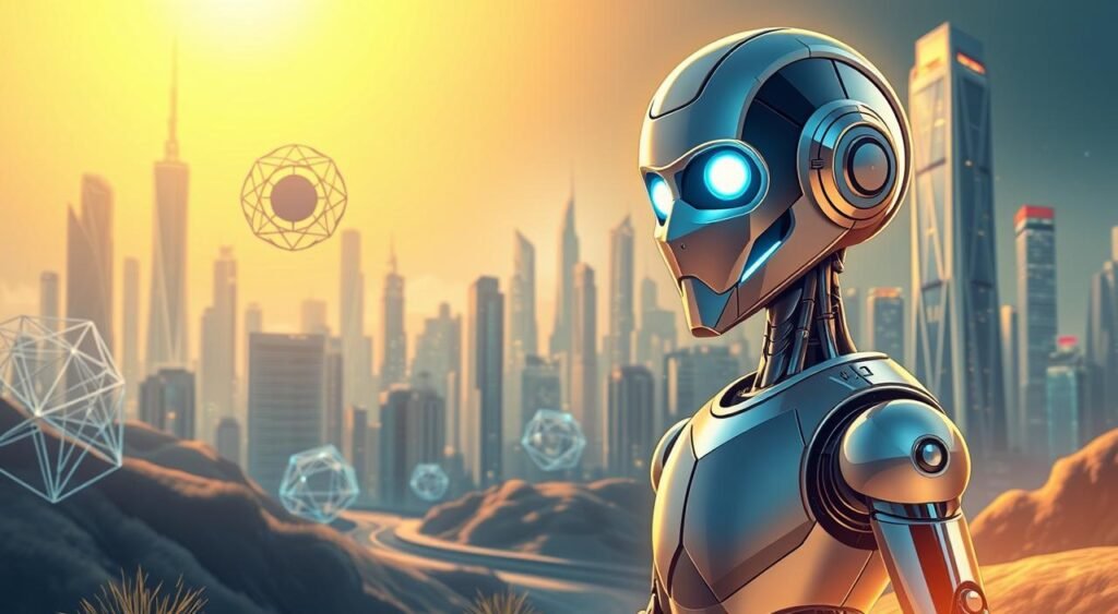 A vibrant, futuristic landscape depicting the intersection of artificial intelligence and technological innovation. In the foreground, a sleek, chrome-plated humanoid robot stands tall, its eyes glowing with an ethereal blue light, symbolizing the advanced intelligence that AI promises. Hovering in the middle ground, abstract geometric shapes and wireframe structures suggest the rapidly evolving nature of technology, while in the background, a cityscape of towering skyscrapers, glimmering with neon lights, conveys a sense of the transformative power of these innovations. The scene is illuminated by a warm, golden glow, creating an atmosphere of boundless potential and a glimpse into the future.