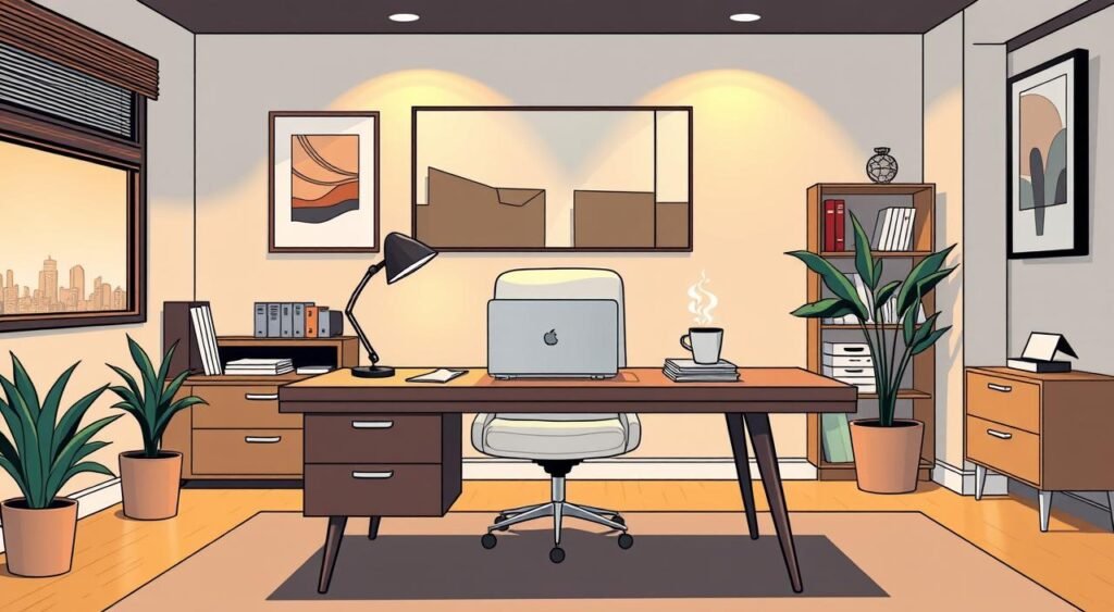 A well-appointed modern office, filled with the trappings of the contemporary investor. A mid-century inspired desk, sleek and minimalist, stands as the centerpiece. Atop it, a state-of-the-art laptop, a few neatly stacked documents, and a steaming mug of coffee. The walls are adorned with modern art, conveying a sense of refined taste. Warm, indirect lighting casts a soft glow, creating an atmosphere of professionalism and subtle affluence. In the background, a glimpse of a city skyline, hinting at the global reach and influence of these savvy, urbane investors. The overall impression is one of sophistication, technological prowess, and a progressive approach to the world of finance.