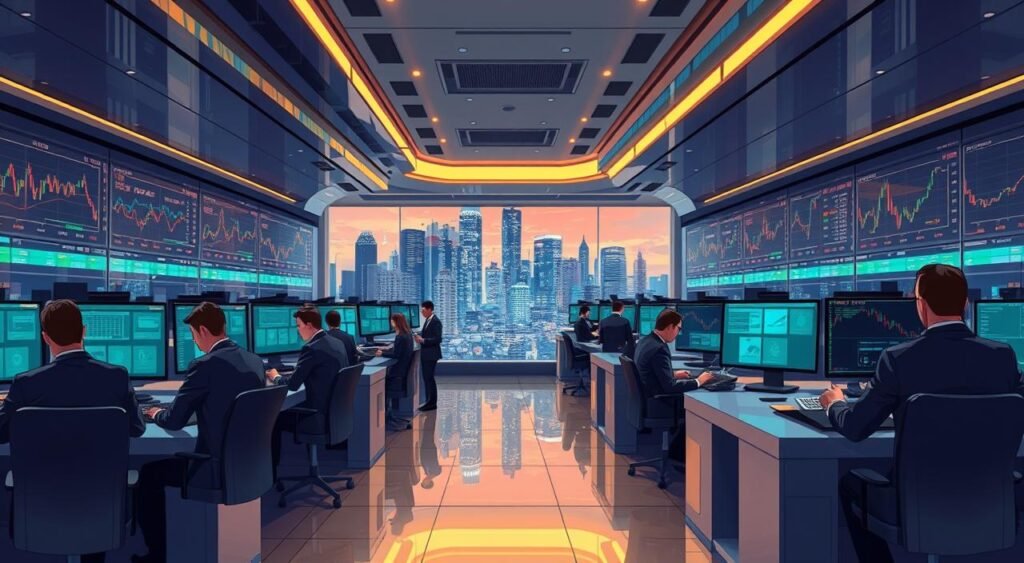 An opulent trading floor in a sleek, modern Brazilian crypto exchange. Rows of digital trading terminals bathed in soft, ambient lighting. Brokers in tailored suits intently monitoring real-time market data and making strategic trades. Holographic displays showcase the latest cryptocurrency trends and fluctuations. The atmosphere is one of hushed concentration, punctuated by the occasional murmur or decisive keystroke. In the background, the glittering skyline of São Paulo frames the scene, a testament to Brazil's growing prominence in the global cryptocurrency landscape.
