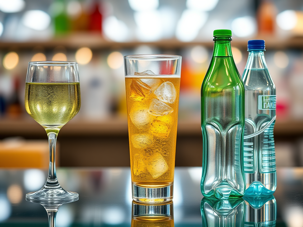 Uma taça de vinho diante de um copo de bebida gelada com gelo, ao lado de garrafas de vidro verde e transparente.