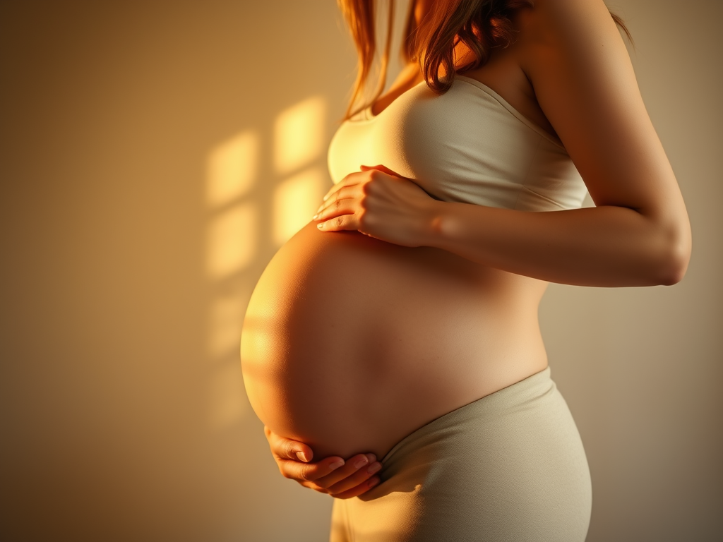 Uma mulher grávida em um ambiente iluminado suavemente, segurando sua barriga, com uma expressão de serenidade.