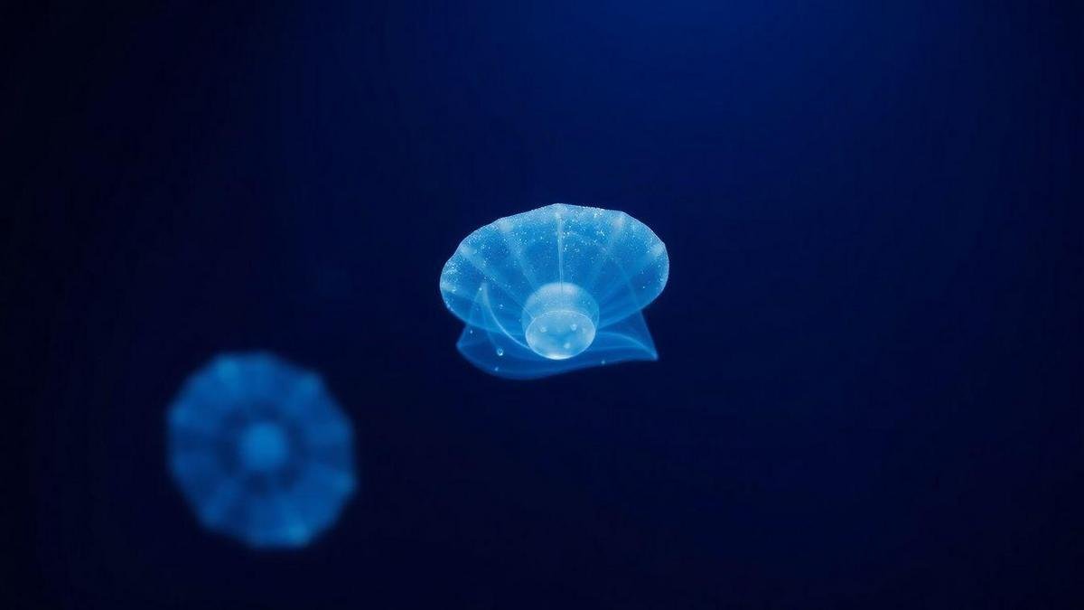 A imagem mostra uma água-viva Turritopsis dohrnii flutuando em um ambiente marinho profundo, com luz azul suave ao fundo.