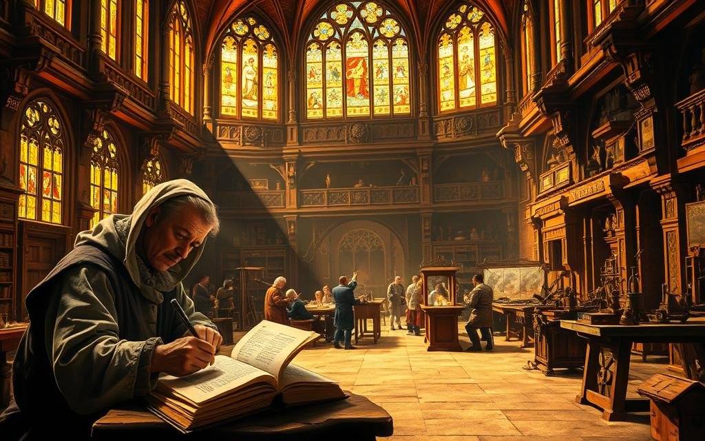 A grand medieval hall, bathed in warm, golden light filtering through stained glass windows. In the foreground, a scholar sits hunched over a heavy tome, his quill scratching away as he documents his latest invention - a mechanical clock, its gears and cogs visible. In the middle ground, a group of alchemists carefully tend to their bubbling crucibles, experimenting with new substances and formulas. The background reveals a bustling workshop, filled with artisans and inventors tinkering with all manner of intriguing devices - a mechanical loom, a prototype of a primitive printing press, and the early designs of a primitive compass. An atmosphere of intellectual curiosity and innovative spirit pervades the scene, capturing the transformative contributions of the Middle Ages. Invenções e Contribuições que Transformaram o Mundo