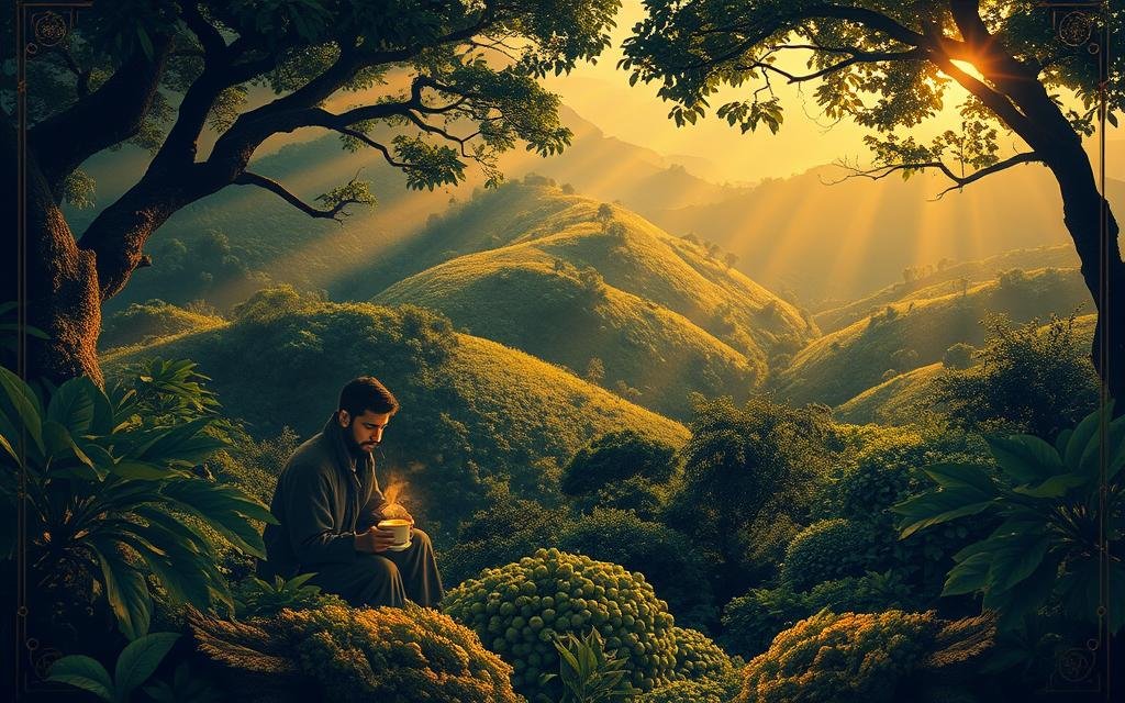 A lush, ancient landscape filled with verdant foliage and rolling hills. In the foreground, a figure sits in contemplation, gazing upon a steaming cup of coffee, lost in the mythic origins of this beloved beverage. Shafts of warm, golden light pierce through the canopy, casting a dreamlike glow over the scene. Intricate patterns and symbols adorn the surrounding environment, hinting at the rich cultural tapestry from which the coffee myth emerged. The atmosphere is one of tranquility and timeless wonder, inviting the viewer to ponder the captivating story behind the morning cup of coffee. A lush, ancient landscape filled with verdant foliage and rolling hills. In the foreground, a figure sits in contemplation, gazing upon a steaming cup of coffee, lost in the mythic origins of this beloved beverage. Shafts of warm, golden light pierce through the canopy, casting a dreamlike glow over the scene. Intricate patterns and symbols adorn the surrounding environment, hinting at the rich cultural tapestry from which the coffee myth emerged. The atmosphere is one of tranquility and timeless wonder, inviting the viewer to ponder the captivating story behind the morning cup of coffee.