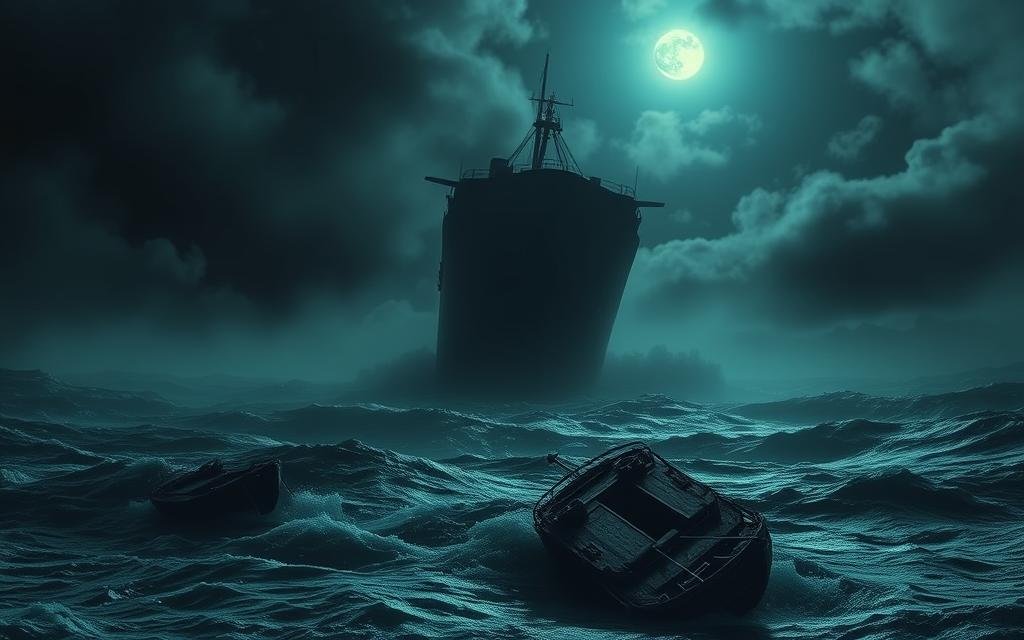 A massive, ominous ship silhouetted against a stormy, moonlit sky. Churning waves and thick fog obscure the scene, creating an atmosphere of foreboding and mystery. In the foreground, the wreckage of lifeboats and debris float aimlessly, a haunting remnant of the tragedy that unfolded. The camera angle is low, capturing the scale and power of the doomed vessel, while the dramatic lighting casts dramatic shadows, emphasizing the gravity of the historical event. An eerie, somber mood permeates the image, inviting the viewer to contemplate the historical context and the untold stories of those who were lost. Contexto Histórico e os Bastidores do Titanic