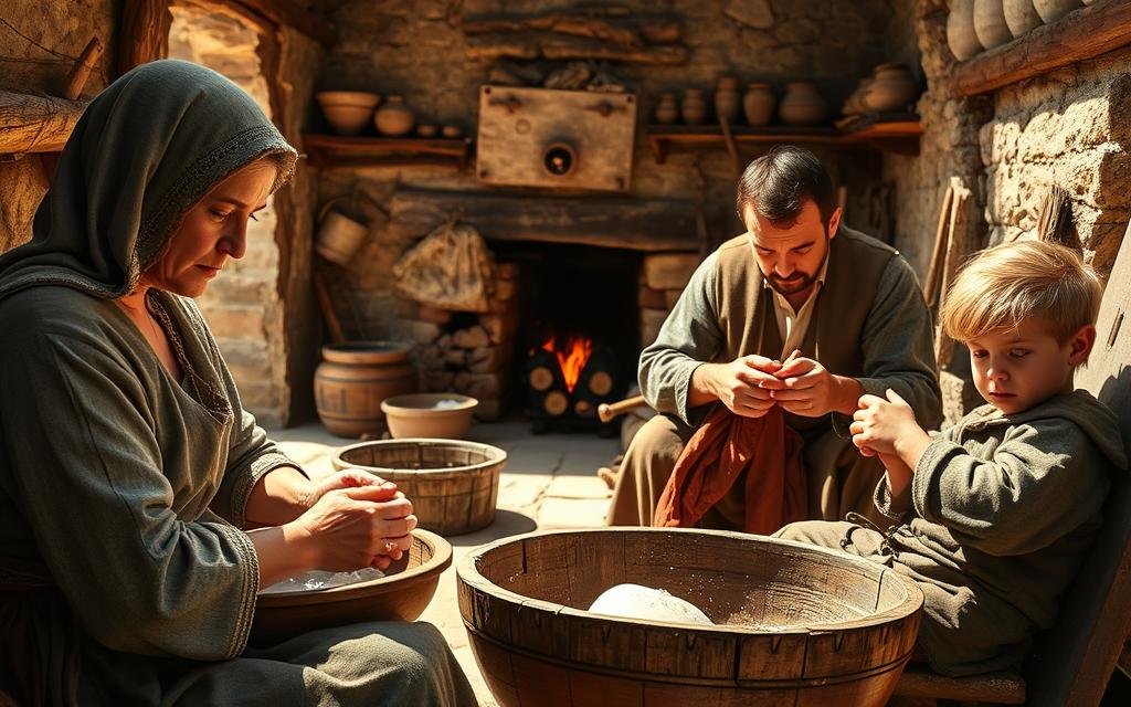 A medieval household on a bright, sunny day. In the foreground, a woman tends to her daily hygiene, scrubbing her hands in a wooden basin. Nearby, a young child plays with a simple wooden toy. In the middle ground, a man repairs a worn garment, his brow furrowed in concentration. The background reveals the cozy, well-tended interior of a modest cottage, with a fire crackling in the hearth and shelves lined with simple pottery and tools. The scene exudes a sense of calm, industrious routine, capturing the everyday rhythms of life in the medieval era. A Maior Mentira Que Contaram Sobre A Idade Média