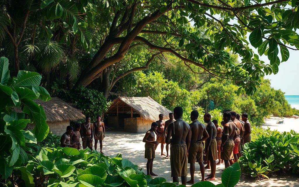 A remote island in the Indian Ocean, shrouded in mystery. Verdant tropical foliage covers the rugged terrain, where the Sentinelese people have lived in isolation for generations. Sunlight filters through the canopy, casting a warm glow on their simple, thatched-roof dwellings. In the foreground, a group of Sentinelese individuals gather, their bodies adorned with intricate body paint and ornaments, engaged in a traditional ceremony. Their faces exude a stoic, unwavering expression, a testament to their fiercely guarded independence. The middle ground reveals glimpses of their daily life, as they skillfully navigate the lush environment, fishing and foraging. In the background, the pristine beach meets the turquoise waters of the Indian Ocean, a natural barrier that has protected their way of life for centuries. A Ilha Onde Humanos Nunca Pisaram: O Motivo É Bizarro