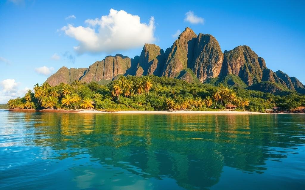 A remote, untouched tropical island in the South Pacific, Ilha Sentinela rises from the azure waters, its lush, verdant cliffs and pristine beaches untouched by human hands. Coconut palms sway gently in the warm ocean breeze, casting long shadows across the island's interior, where a dense, primeval rainforest thrives, home to a diversity of unique flora and fauna found nowhere else on Earth. The island's dramatic, jagged peaks pierce the sky, their rugged silhouettes reflected in the calm, mirror-like surface of the surrounding lagoon. A sense of timeless, untamed wilderness permeates the scene, conveying the island's isolation and the reverence with which it is guarded by the indigenous tribes who call it home. Fatos e Curiosidades Sobre A Ilha Onde Humanos Nunca Pisaram