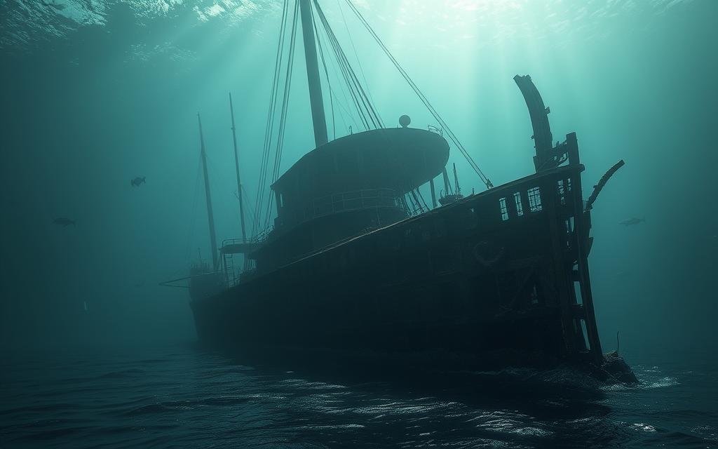 A sunken ship, its rusted hull emerging from the depths, its masts broken and twisted, shrouded in a haze of mystery. The water laps gently against the wreckage, casting an eerie glow as shafts of light pierce the surface. Ghostly silhouettes of marine life swim in the shadows, hinting at the untold stories hidden within. The scene evokes a sense of profound loss and the enduring allure of the unknown, inviting the viewer to dive into the enigmatic history of this historic maritime disaster. A Maior Mentira Que Contaram Sobre O Titanic