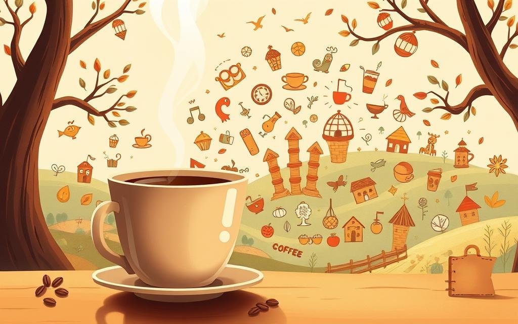 A whimsical illustration depicting the myths surrounding coffee. In the foreground, a stylized coffee cup with steam rising, hinting at the warm, aromatic essence of the brew. In the middle ground, an array of coffee-related symbols and icons, representing common misconceptions and beliefs. The background features a dreamy, illustrated landscape with playful, fantastical elements, evoking the imaginative nature of these myths. The composition is vibrant, with a warm, vintage-inspired color palette, conveying a sense of nostalgia and wonder. Soft, diffused lighting casts a gentle glow, creating an inviting and captivating atmosphere. A whimsical illustration depicting the myths surrounding coffee. In the foreground, a stylized coffee cup with steam rising, hinting at the warm, aromatic essence of the brew. In the middle ground, an array of coffee-related symbols and icons, representing common misconceptions and beliefs. The background features a dreamy, illustrated landscape with playful, fantastical elements, evoking the imaginative nature of these myths. The composition is vibrant, with a warm, vintage-inspired color palette, conveying a sense of nostalgia and wonder. Soft, diffused lighting casts a gentle glow, creating an inviting and captivating atmosphere.