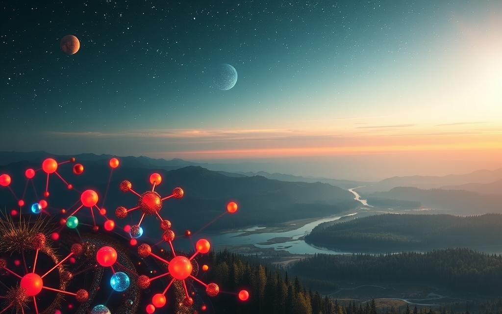 A captivating depiction of atomic cycling on Earth, showcasing vibrant particles in various colors reflecting the movement and transformation of atoms. In the foreground, illustrate clusters of different atomic structures, glowing with luminous energy, conveying their dynamic nature. The middle ground should present a serene landscape of Earth, with a richly detailed representation of forests, rivers, and mountains, symbolizing the planet's vitality. The background features a stunning celestial sky, transitioning from dusk to dawn, filled with stars and planetary elements, emphasizing the vastness of space. Use soft, diffused lighting to create a sense of wonder and interconnectedness. Capture the scene with a slight upward angle to evoke a feeling of hope and transformation, highlighting the importance of atomic cycling in maintaining Earth's balance. Entendendo a Ciclagem dos Átomos e a Constância da Massa