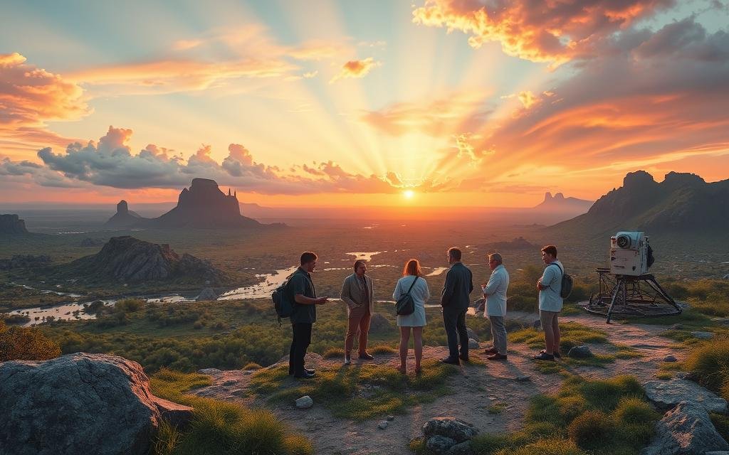 A captivating scientific phenomenon depicting Earth's decreasing mass, set in a vivid twilight atmosphere. In the foreground, illustrate a diverse group of scientists in professional attire, engaged in discussions amidst a lush, green landscape symbolizing Earth's vitality. They are examining geological samples and observing instruments that measure gravitational forces. The middle ground features an array of rocky formations and crystal-clear water bodies reflecting the colorful sky. In the background, showcase a dramatic sunset with rays of light piercing through clouds, highlighting the transition of Earth’s environment. Use soft, natural lighting to create a tranquil yet engaging mood, evoking curiosity and wonder about this intriguing scientific event. Focus on a wide-angle view to capture the vastness of the landscape while maintaining clarity on the scientists' activities. A Terra está ficando mais leve