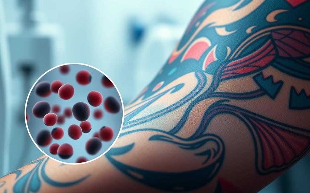 A close-up view of a human arm with an intricate tattoo design featuring vibrant colors and details, showing the concept of tattoo pigment migration. In the foreground, magnified tattoo ink particles are visibly moving towards lymphatic nodes illustrated in a subtle anatomical style. In the middle ground, a semi-transparent layer displays the outer skin with the tattoo, highlighting the flow of the pigments beneath. The background is softly blurred, depicting a clinical setting with subtle shades of blue and white to evoke a sense of professionalism. Use soft, even lighting to highlight the details of the tattoo and the lymphatic system. Capture a mood of scientific curiosity and concern, emphasizing the biological processes at play. A tinta de tatuagem pode migrar para os gânglios linfáticos