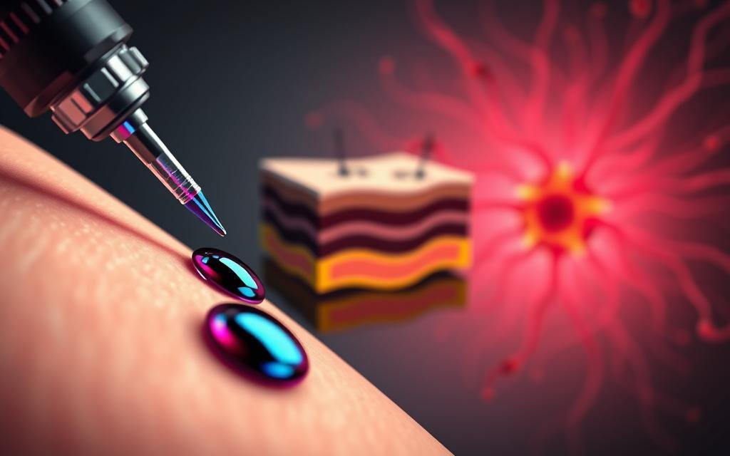 A detailed illustration of the tattoo ink migration process into lymph nodes. In the foreground, depict a close-up view of skin with a tattoo needle injecting ink, showcasing vibrant colors and fine details of the ink droplets. In the middle ground, show a cross-section of skin revealing layers, with arrows indicating the path of migration from the tattoo area to surrounding tissues. In the background, visualize lymphatic vessels transporting the ink particles toward a lymph node, creating a medical and informative atmosphere. Soft, clinical lighting enhances the elaborate details, while a slight focal blur on the background emphasizes the central narrative of ink migration. The overall mood should be educational and scientific, suitable for an informative article. A tinta de tatuagem pode migrar para os gânglios linfáticos