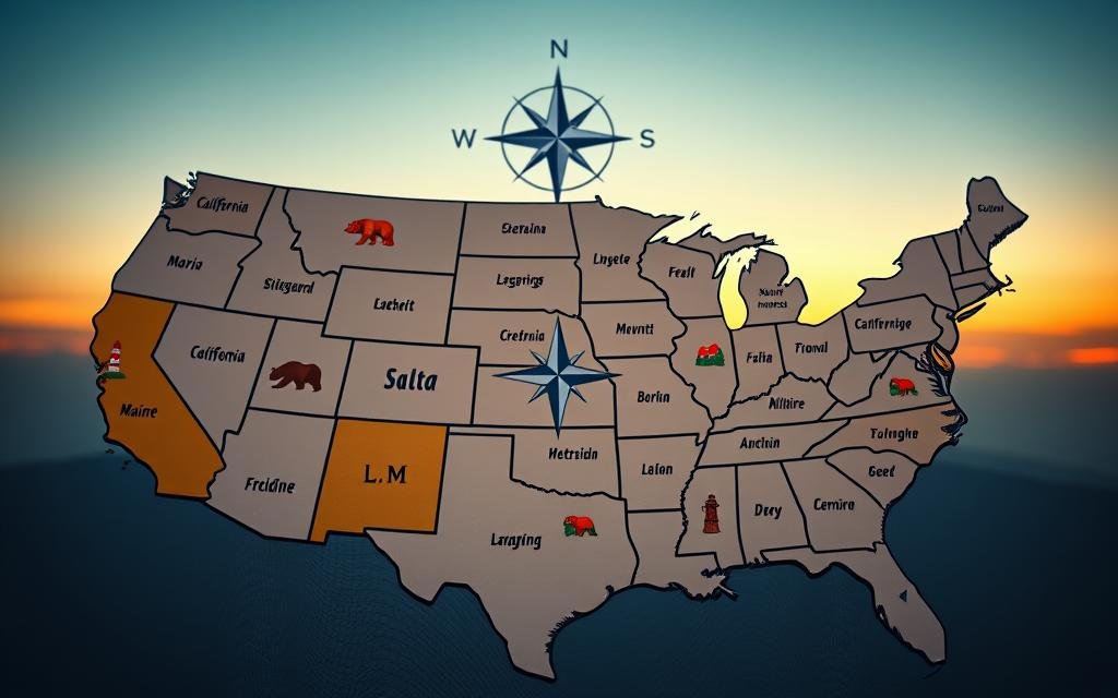 A detailed map of the United States, showcasing the names of all the states, prominently highlighting the absence of the letter 'Q'. In the foreground, vibrant state icons representing each region, such as a bear for California and a lighthouse for Maine, are scattered across the map. In the middle ground, a clear, modern compass rose indicates direction, with subtle textures creating depth. The background features a soft gradient sky transitioning from deep blue to warm orange, symbolizing twilight, casting a warm glow on the states. The overall mood is educational and informative, inviting viewers to explore the unique history of state names while emphasizing the rare absence of 'Q'. The camera angle is slightly elevated for a comprehensive view, with natural lighting illuminating the states and adding vibrancy to the colors. No text or additional elements in the image. A única letra que não aparece em nenhum nome de estado dos EUA é 'Q'