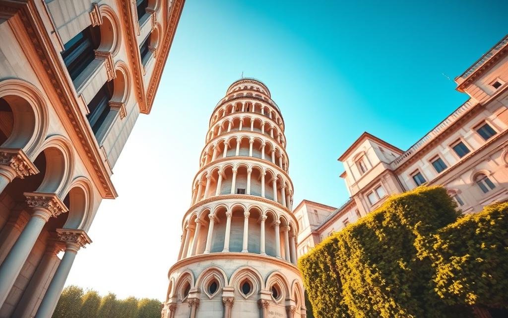 A detailed view of the Leaning Tower of Pisa, showcasing its remarkable architectural structure. In the foreground, highlight the intricate white and gray marble façade, emphasizing the arched windows and delicate columns. The middle ground features the tower's iconic tilt against a bright blue sky, capturing the textured stonework and the shadows cast by the sun. In the background, include the lush greenery of the Piazza dei Miracoli, adding depth and context. The scene is bathed in warm, late afternoon sunlight, creating a serene yet awe-inspiring atmosphere. Capture this from a low angle to enhance the tower's majestic appearance, focusing on the upward perspective to convey its unique structural characteristics and historical significance. Avoid any text or watermarks in the image. Engenheiros revelam como a Torre de Pisa foi salva da queda