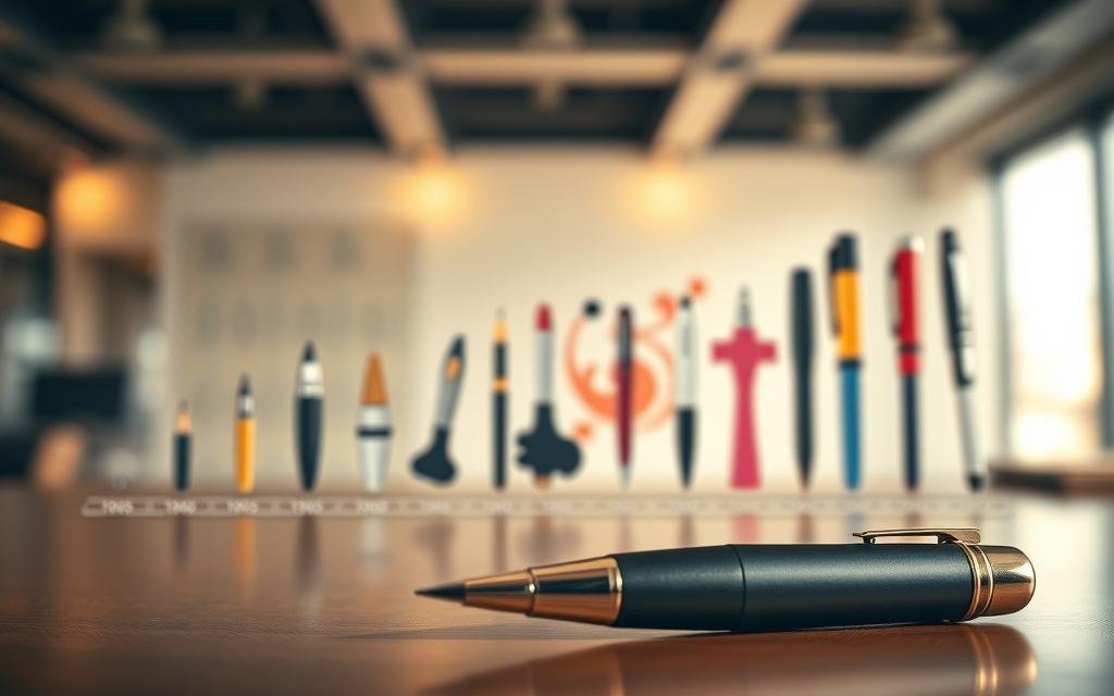 A historical evolution of the ballpoint pen, illustrating various designs from the 1930s to the present day. In the foreground, showcase a classic vintage ballpoint pen from the 1950s, elegantly positioned with its cap removed, revealing a shiny metal tip. The middle ground features a timeline displaying several iterations of ballpoint pens, each with distinct and colorful designs, transitioning from simple to modern aesthetics. In the background, an abstract representation of ink splashes symbolizes innovation, with a soft, blurred backdrop of an office setting. The scene is lit with warm, ambient lighting to create a nostalgic but vibrant atmosphere. Focus on a macro lens perspective to highlight the intricacies of the pen designs, conveying a sense of progression in writing technology. A tinta da caneta esferográfica