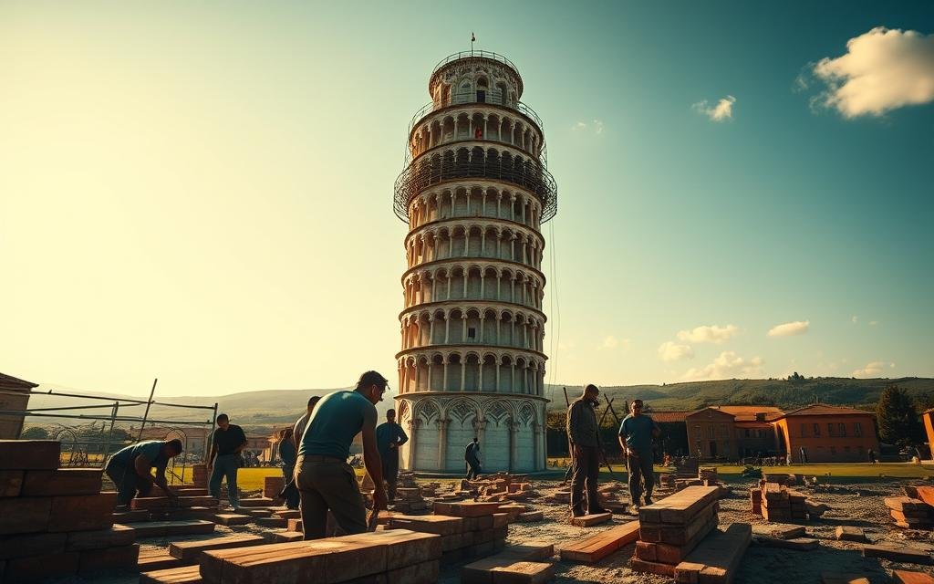 A historical representation of the Leaning Tower of Pisa during its construction phase. In the foreground, workers in modest casual clothing are seen laying bricks, using traditional tools, and collaborating closely. The tower looms in the middle ground, showcasing its iconic lean, partially complete, with scaffolding wrapped around its structure. Behind, the lush Tuscan landscape fades into the horizon, bathed in warm, golden sunlight, creating a nostalgic atmosphere. The angle captures the tower from a low perspective, emphasizing its height and tilt against a clear blue sky with a few fluffy clouds. The mood is one of industrious energy and historical significance, inviting viewers into a moment in time. A Torre Inclinada de Pisa
