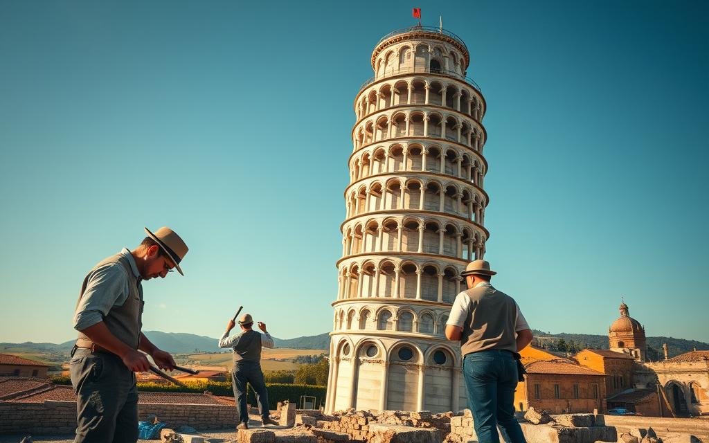 A historical scene of the Leaning Tower of Pisa under construction, set against a clear blue sky. In the foreground, skilled Italian craftsmen in professional, modest attire are working with chisels and stone, demonstrating traditional building techniques. The middle of the image features the iconic tower, partially completed, showcasing its characteristic tilt and intricate Romanesque architecture, with detailed columns and arches. In the background, the beautiful Tuscan landscape, with rolling hills and a glimpse of the historic city of Pisa, enhances the sense of time and place. Soft, warm sunlight casts gentle shadows, lending a nostalgic and inviting mood to the scene, captured from a low angle to emphasize the tower's grandeur. História e Construção da Torre de Pisa