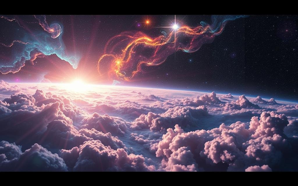 A mesmerizing depiction of the inflationary phase of the universe, showcasing a vast cosmic landscape during a time of rapid expansion. In the foreground, vibrant, swirling clouds of colorful gases and energy represent the chaotic yet beautiful formation of primordial structures. The middle ground features intricate patterns of developing galaxies and cosmic filaments, illuminated by a soft, ethereal light. In the background, a dark, starry void gradually transforms into a colorful nebula, hinting at the vastness of space. The scene is bathed in a dynamic, glowing atmosphere, with radiant hues of blue, purple, and gold blending harmoniously. The composition suggests movement and evolution, evoking a sense of awe and wonder at the universe's early moments. The lighting is dramatic yet soft, creating depth and highlighting the richness of the cosmic textures. A teoria do Big Bang