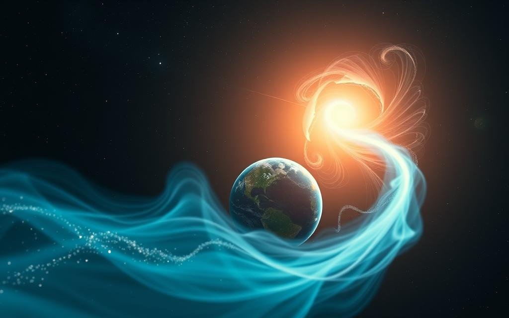 A mesmerizing scene depicting Earth’s invisible sodium "tail" interacting with solar wind in space. In the foreground, visualize faint wisps of shimmering sodium atoms flowing away from Earth like a translucent tail, illuminated by ethereal blue and green hues. The middle layer captures our planet, showcasing its vibrant blue oceans and swirling white clouds, positioned at an angle that emphasizes its curvature. In the background, a dynamic solar wind is represented with bright, swirling electromagnetic fields, casting a radiant glow over the scene. Soft celestial lighting highlights the contrast between the dark expanse of space and the vivid colors of Earth and its tail. The mood is enchanting and scientific, inviting curiosity about this cosmic phenomenon while ensuring the image remains engaging and illustrative. A Terra tem uma "cauda" invisível de sódio