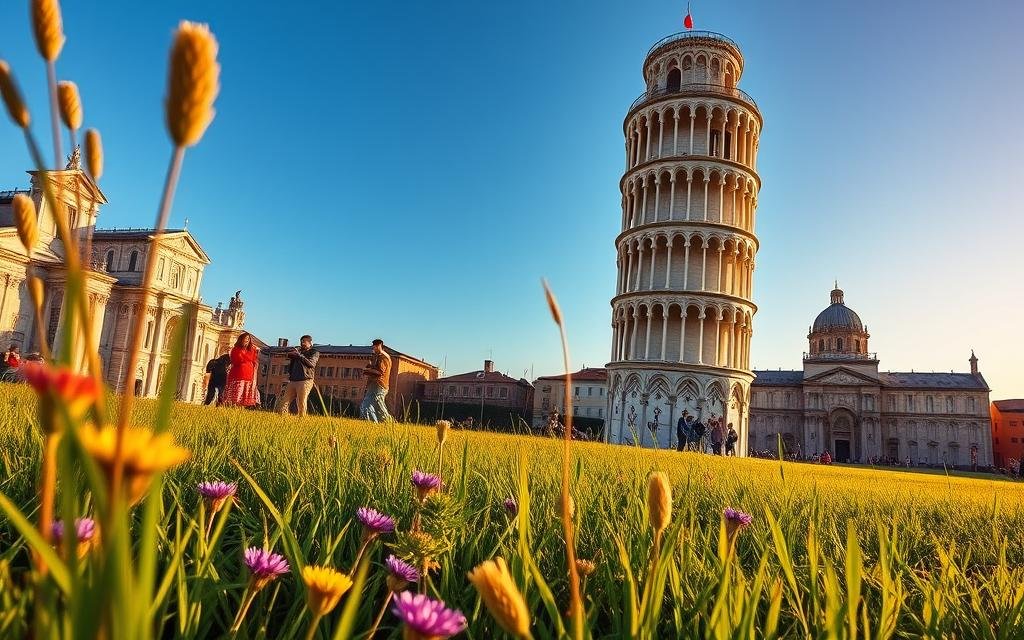 A striking image of the Leaning Tower of Pisa, showcasing its iconic tilt against a bright blue sky. In the foreground, lush green grass with vibrant wildflowers sways gently in a light breeze, inviting viewers into the scene. The middle of the composition features the tower prominently, detailed with its classical white marble facade, intricate arches, and ornate decorations. The tilt of the tower should be exaggerated to emphasize its famous lean, while nearby tourists can be seen taking photos, dressed in smart casual clothing, adding a sense of scale and liveliness. In the background, the charming buildings of Pisa blend harmoniously with the soft hues of an early evening sunset, casting warm golden light across the scene. Capture this view with a wide-angle lens to create depth, enhancing the atmosphere of wonder and curiosity surrounding this architectural marvel. A Torre Inclinada de Pisa nunca esteve perfeitamente reta