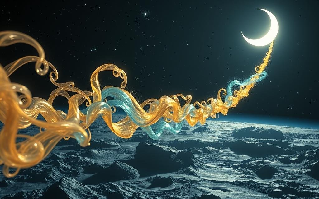 A surreal depiction of a sodium tail, reminiscent of a comet, flowing from a mercury planet in space, illuminated by the soft light of a crescent moon. In the foreground, intricate wisps of yellow and blue sodium vapor curl and twist, contrasting against a dark celestial backdrop. The middle ground features the silvery surface of the mercury planet, rugged and cratered, reflecting the moonlight. In the background, a starlit sky filled with distant galaxies casts a mystical glow, enhancing the ethereal atmosphere. The lighting should evoke a dreamy, tranquil mood, with a slight lens flare from the crescent moon to add depth. The scene is highly detailed, capturing the essence of scientific phenomena in a visually striking manner, while remaining suitable for a professional setting. A surreal depiction of a sodium tail, reminiscent of a comet, flowing from a mercury planet in space, illuminated by the soft light of a crescent moon. In the foreground, intricate wisps of yellow and blue sodium vapor curl and twist, contrasting against a dark celestial backdrop. The middle ground features the silvery surface of the mercury planet, rugged and cratered, reflecting the moonlight. In the background, a starlit sky filled with distant galaxies casts a mystical glow, enhancing the ethereal atmosphere. The lighting should evoke a dreamy, tranquil mood, with a slight lens flare from the crescent moon to add depth. The scene is highly detailed, capturing the essence of scientific phenomena in a visually striking manner, while remaining suitable for a professional setting.