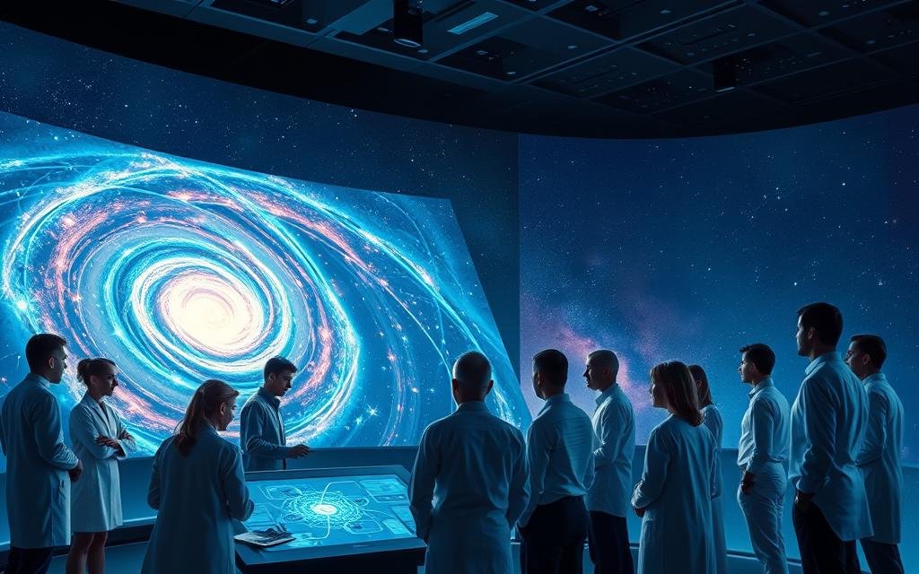 A vibrant and dynamic scene depicting advanced astronomical research techniques used in the study of the universe. In the foreground, a diverse group of researchers, dressed in professional attire, are gathered around a high-tech console displaying swirling galaxies and cosmic simulations. In the middle ground, a large holographic projection of the universe illustrates the Big Bang, with bursts of energy radiating outward. The background shows a starry sky filled with colorful nebulae and distant stars, enhancing the cosmic atmosphere. Soft blue and purple lighting casts a scientific ambiance, while a soft focus lens effect adds depth. The overall mood is one of discovery and wonder, capturing the essence of scientific exploration and the mysteries of space. A teoria do Big Bang: Os primeiros segundos do universo