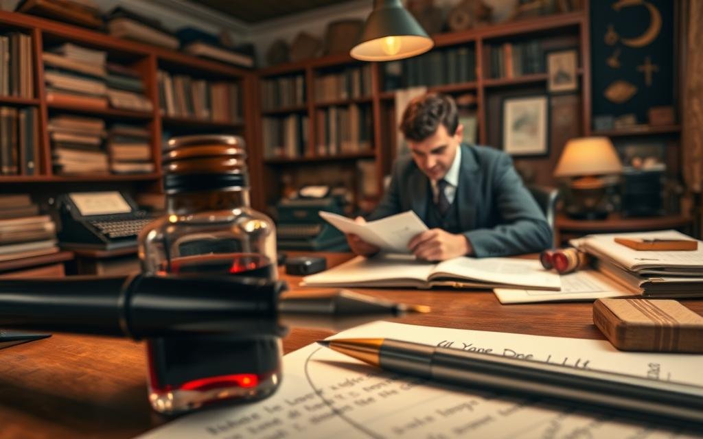 A vintage scene showcasing the invention of the ballpoint pen. In the foreground, a close-up of a classic ballpoint pen and an ink bottle, demonstrating the ink's rich color and texture, glistening under soft, warm lighting. The middle ground features a journalist at a wooden writing desk, dressed in professional attire, thoughtfully sketching designs for the pen on a notepad, surrounded by various sketches and notes. In the background, a cozy, softly lit room filled with bookshelves, vintage typewriters, and early writing tools adds depth to the scene. The atmosphere is nostalgic and inspiring, highlighting the creativity and innovation of the pen’s invention, with a focus on historical detail and a sense of discovery. The lens captures this moment with a gentle focus, creating an intimate yet informative composition. A tinta da caneta esferográfica foi inventada por um jornalista