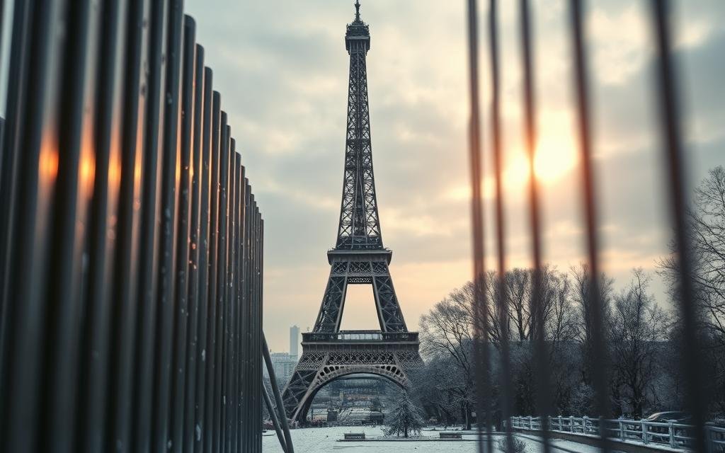 A visually striking representation of thermal expansion in metals, showcasing the Eiffel Tower partially enveloped by a subtle winter atmosphere. In the foreground, depict a close-up of metallic bars expanding with a glow indicating heat, with slight bending forms to convey movement. In the middle, position the Eiffel Tower framed against a frosty skyline, dusted with light snow, emphasizing its contrast to the dynamic metals. The background should feature an overcast sky with a hint of sunlight peeking through, creating a moody ambiance. Use soft, diffused lighting to accentuate the textures of the metal and snow. Capture the scene from a slightly low angle, enhancing the grandeur of the tower while focusing on the phenomenon of thermal expansion and contraction. A Torre Eiffel encolhe no inverno
