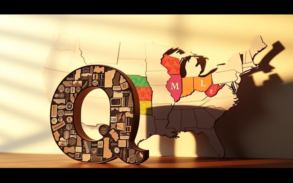 An artistic visualization emphasizing the letter "Q" surrounded by symbols representing the states of the USA. In the foreground, a large, bold letter "Q" stands out, designed with intricate patterns reflecting state-related imagery like outlines of state borders or iconic landmarks. The middle layer features a colorful representation of the states arranged artistically around the "Q," highlighting their shapes and initials. In the background, a subtle map of the United States is displayed in soft pastel colors, creating a sense of depth. The lighting is warm and inviting, casting gentle shadows that enhance the letter "Q." The composition conveys a mood of curiosity and discovery, evoking thoughts about the unique absence of "Q" in state names without any text elements. A única letra que não aparece em nenhum nome de estado dos EUA