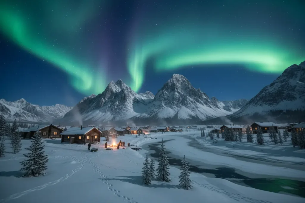 Paisagem invernal de uma cidade remota e fria, com montanhas e aurora.