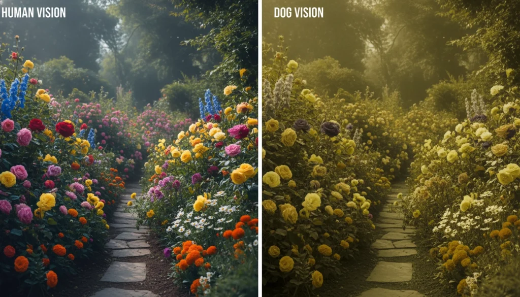 Comparação visual entre visão humana e visão canina em um parque